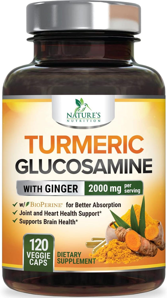 Turmeric Curcumin Supplement with Glucosamine, Chondroitin, Ginger - 95% Curcuminoids, 2000mg, BioPerine Black Pepper - Joint Support - 120 Capsules - Non-GMO - USA Bottled