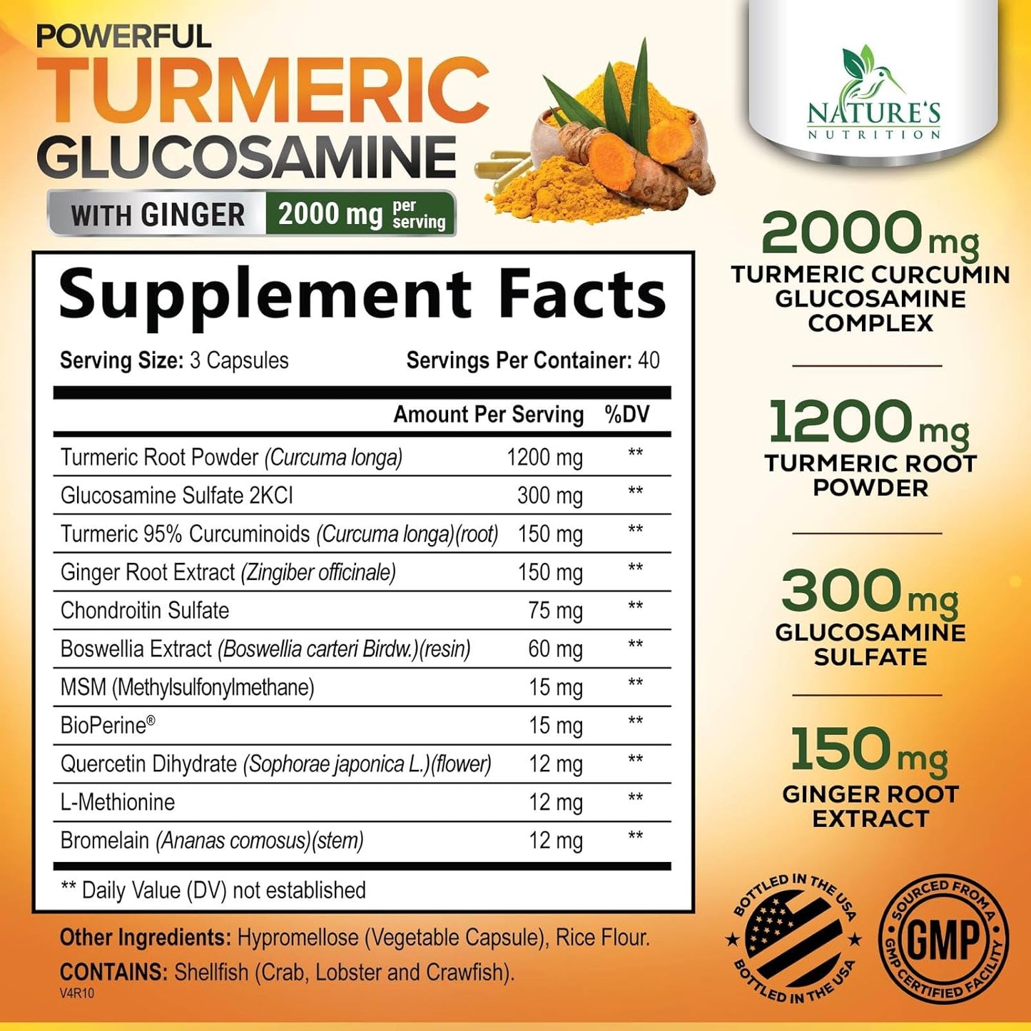 Turmeric Curcumin Supplement with Glucosamine, Chondroitin, Ginger - 95% Curcuminoids, 2000mg, BioPerine Black Pepper - Joint Support - 120 Capsules - Non-GMO - USA Bottled