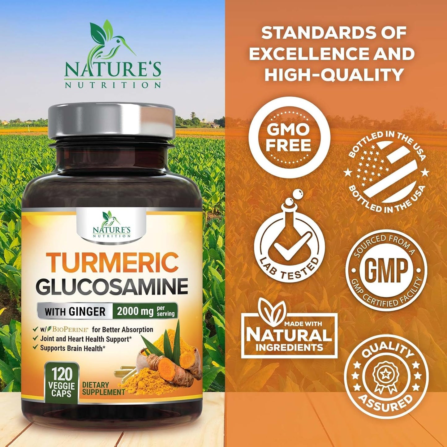 Turmeric Curcumin Supplement with Glucosamine, Chondroitin, Ginger - 95% Curcuminoids, 2000mg, BioPerine Black Pepper - Joint Support - 120 Capsules - Non-GMO - USA Bottled