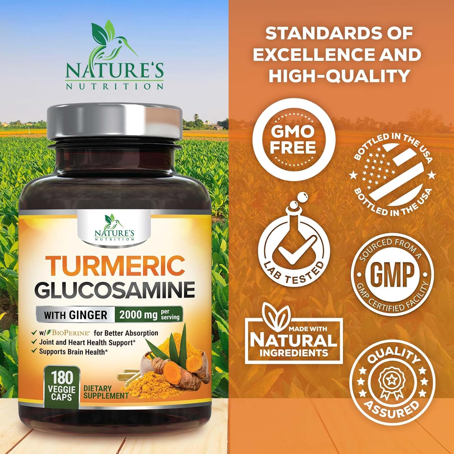 Turmeric Curcumin Supplement with Glucosamine, Chondroitin, Ginger, BioPerine - 2000mg, 95% Curcuminoids - Joint Support - 180 Capsules - Non-GMO - USA Made