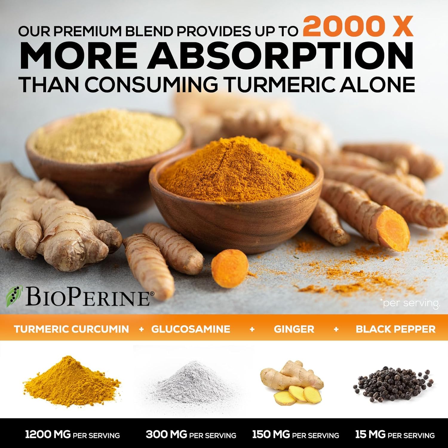 Turmeric Curcumin Supplement with Glucosamine, Chondroitin, Ginger - 95% Curcuminoids, 2000mg, BioPerine Black Pepper - Joint Support - 120 Capsules - Non-GMO - USA Bottled