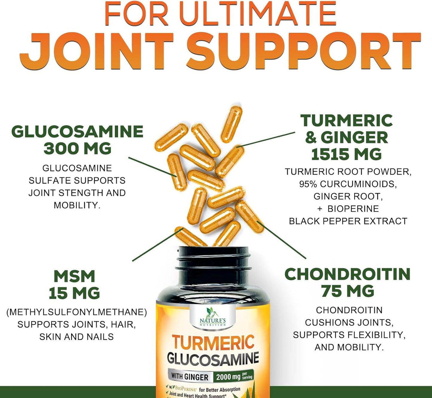 Turmeric Curcumin Supplement with Glucosamine, Chondroitin, Ginger - 95% Curcuminoids, 2000mg, BioPerine Black Pepper - Joint Support - 120 Capsules - Non-GMO - USA Bottled