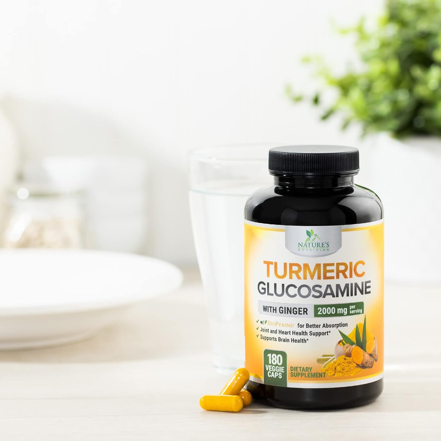 Turmeric Curcumin Supplement with Glucosamine, Chondroitin, Ginger, BioPerine - 2000mg, 95% Curcuminoids - Joint Support - 180 Capsules - Non-GMO - USA Made