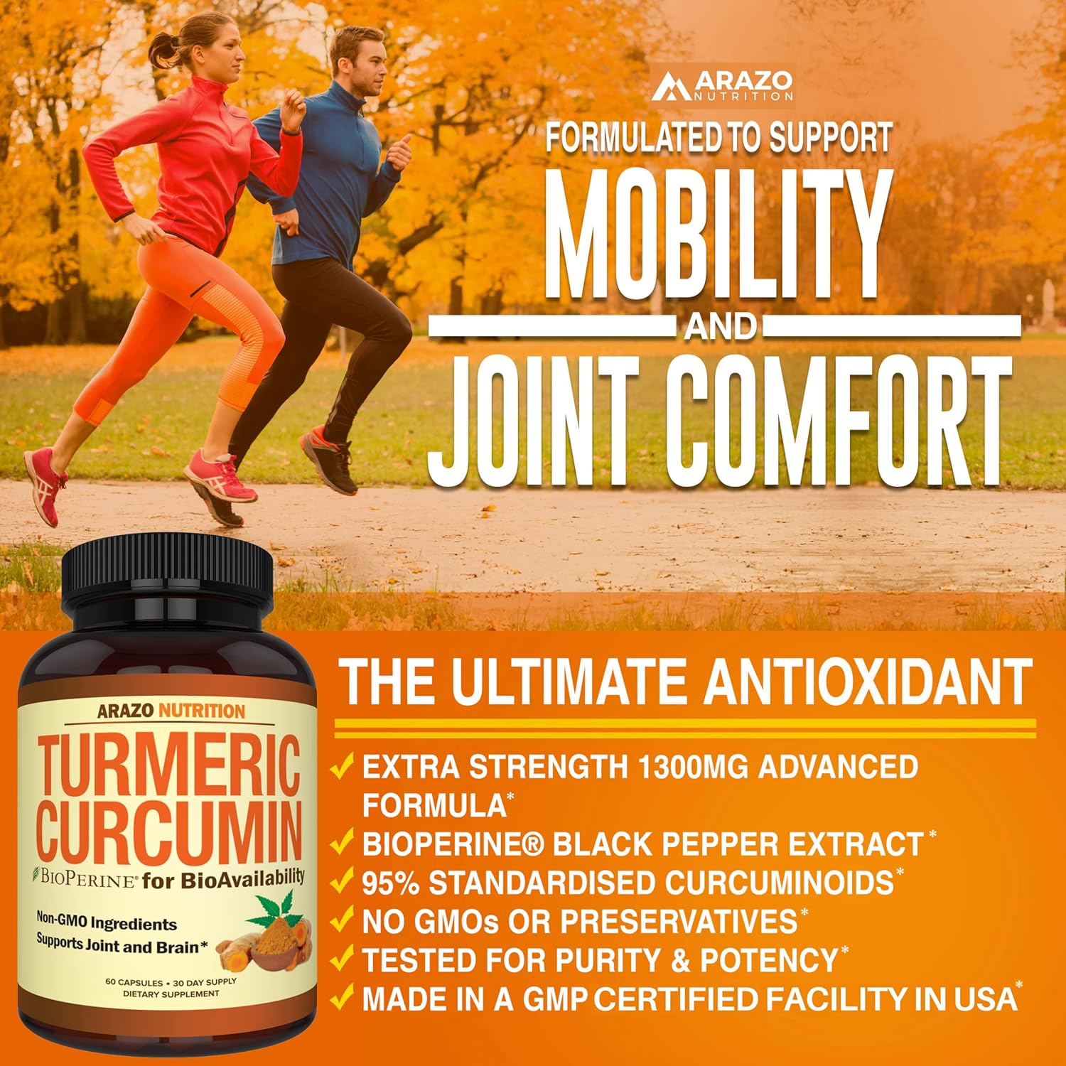 Turmeric Curcumin with BioPerine 1300mg & Black Pepper - Joint Support Herbal Capsules by Arazo Nutrition