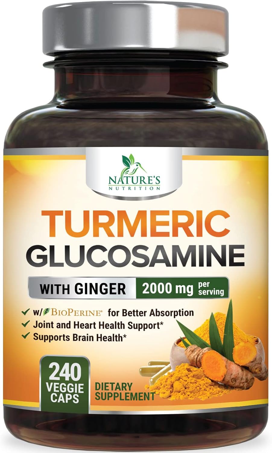 Turmeric Curcumin with Glucosamine, Chondroitin, Ginger, and BioPerine - 240 Capsules, 2000mg - Joint Support Supplement with 95% Curcuminoids - Non-GMO, Made in USA