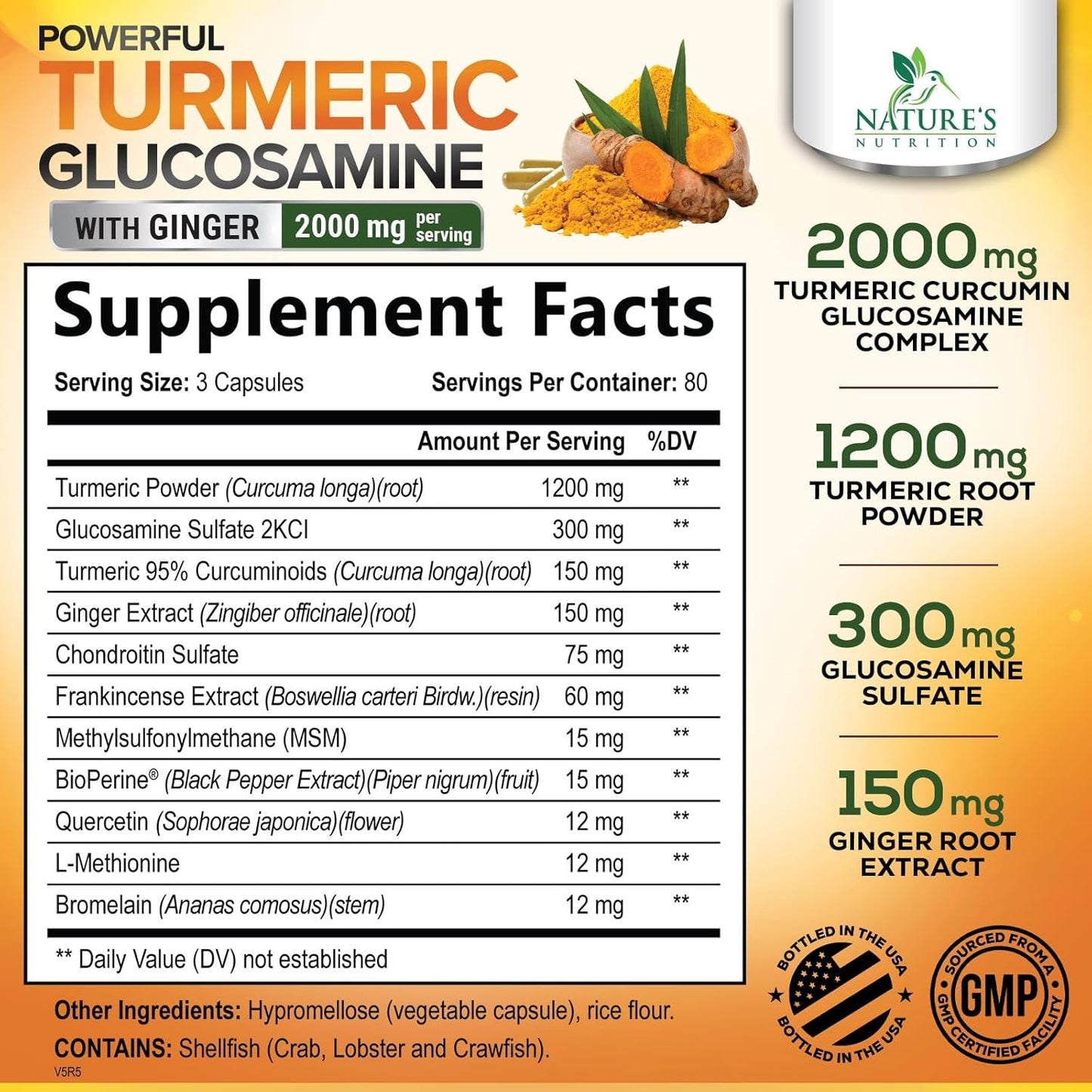 Turmeric Curcumin with Glucosamine, Chondroitin, Ginger, and BioPerine - 240 Capsules, 2000mg - Joint Support Supplement with 95% Curcuminoids - Non-GMO, Made in USA