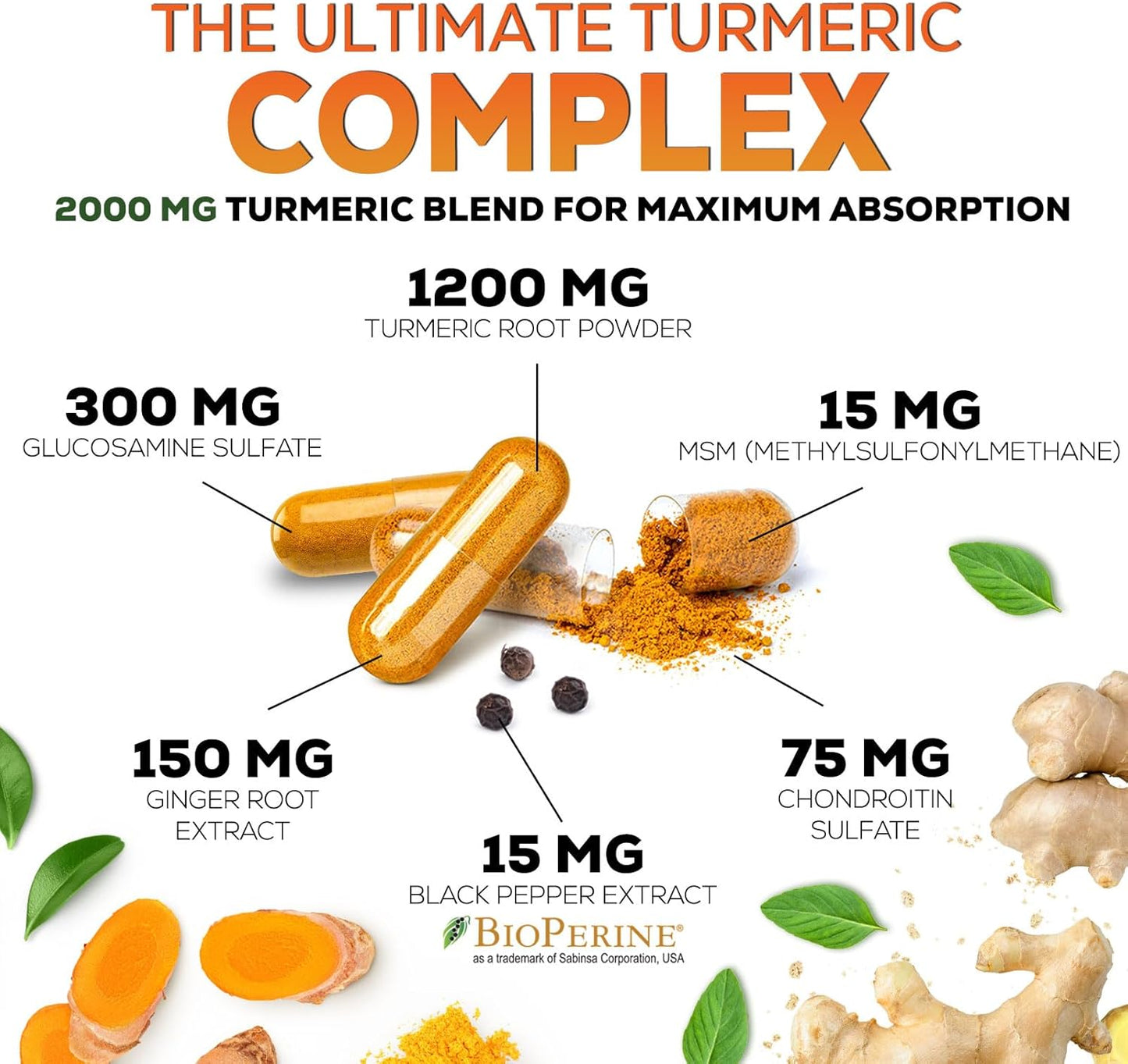 Turmeric Curcumin with Glucosamine, Chondroitin, Ginger, and BioPerine - 240 Capsules, 2000mg - Joint Support Supplement with 95% Curcuminoids - Non-GMO, Made in USA