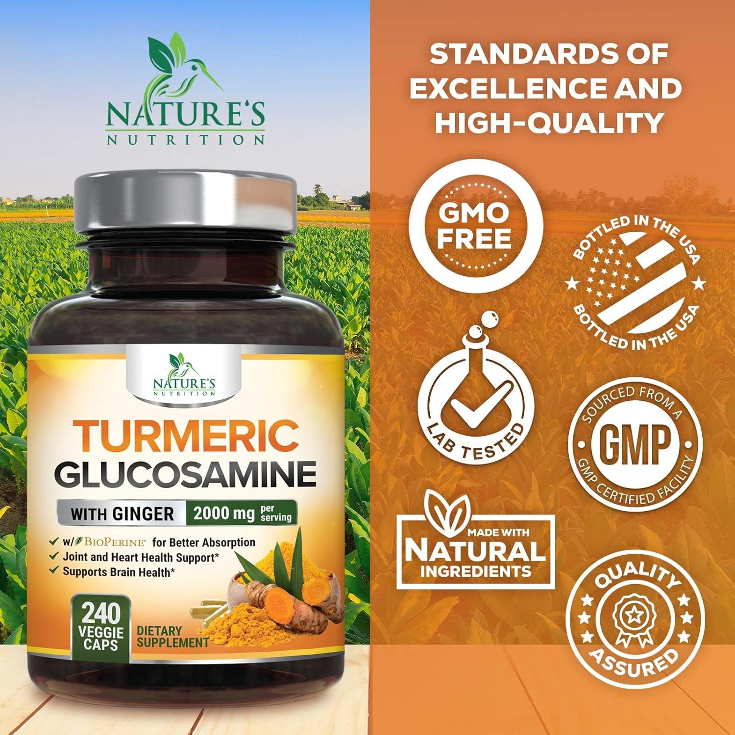 Turmeric Curcumin with Glucosamine, Chondroitin, Ginger, and BioPerine - 240 Capsules, 2000mg - Joint Support Supplement with 95% Curcuminoids - Non-GMO, Made in USA