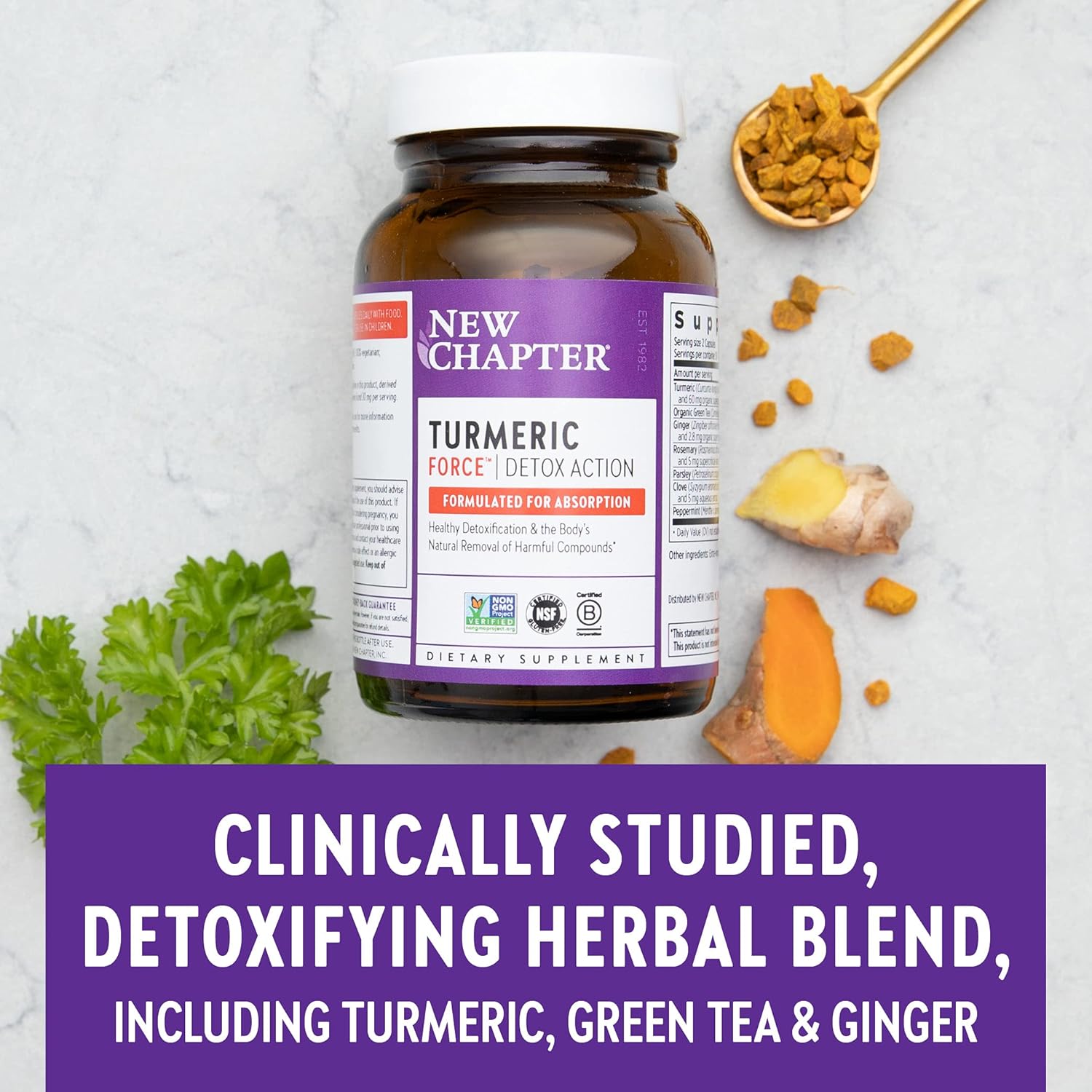 Turmeric Force Detox Capsules with Green Tea & Ginger - NonGMO, Vegetarian, 60 Count