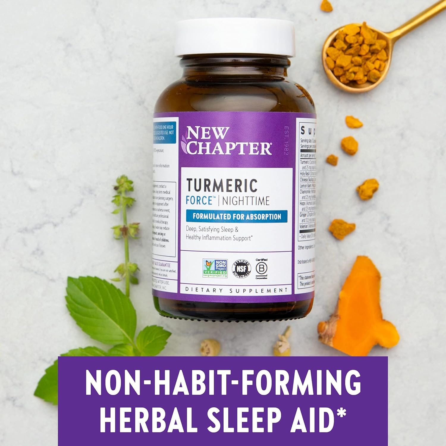 Turmeric Force Nighttime Supplement with Valerian Root and Ginger for Sleep Support - Non-GMO, Vegetarian Capsules - 60 Count