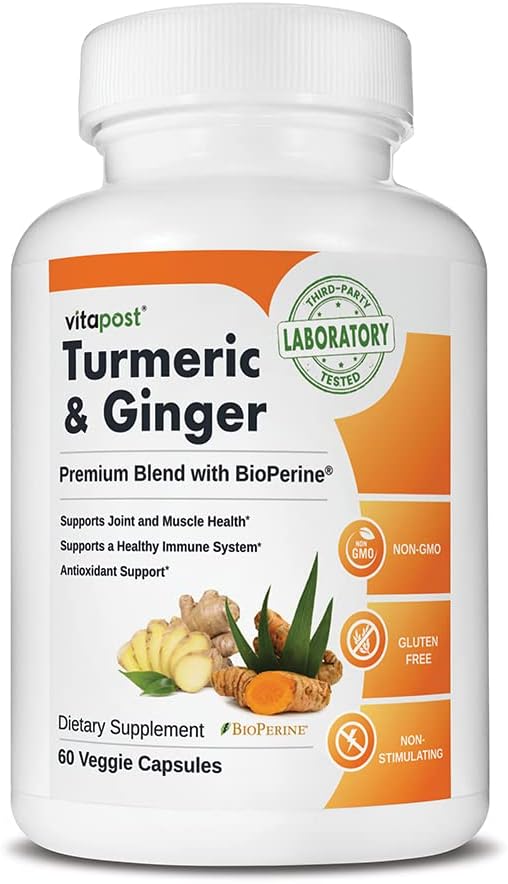 Turmeric & Ginger Capsules with BioPerine for Joint Health & Immune Support - 60 Count
