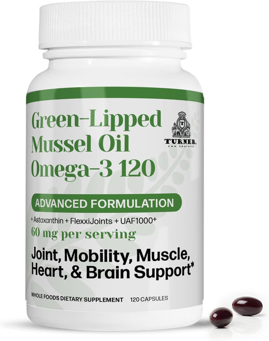 TURNER Green Lipped Mussel Oil with UAF1000+ Antioxidant, High Potency Omega-3 for Joint Comfort, 120 Softgels