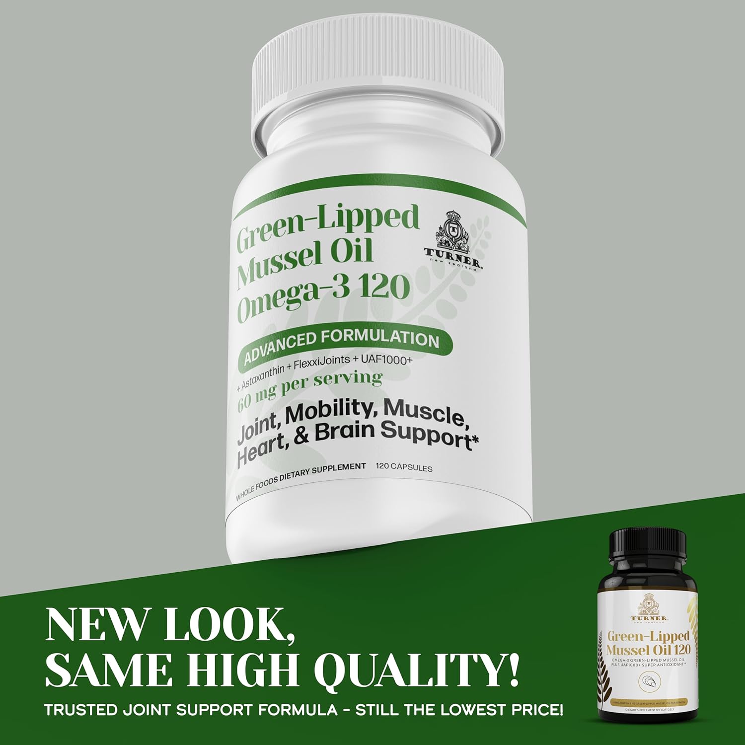 TURNER Green Lipped Mussel Oil with UAF1000+ Antioxidant, High Potency Omega-3 for Joint Comfort, 120 Softgels