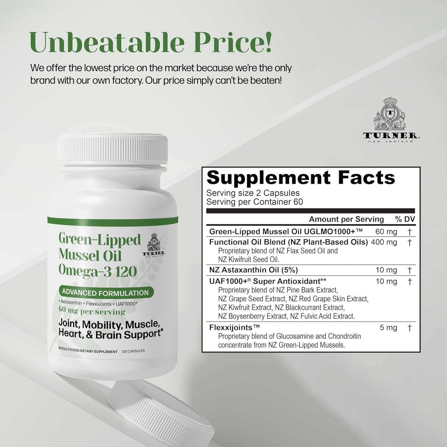 TURNER Green Lipped Mussel Oil with UAF1000+ Antioxidant, High Potency Omega-3 for Joint Comfort, 120 Softgels