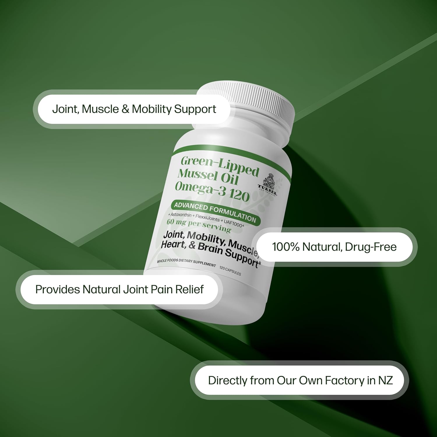 TURNER Green Lipped Mussel Oil with UAF1000+ Antioxidant, High Potency Omega-3 for Joint Comfort, 120 Softgels