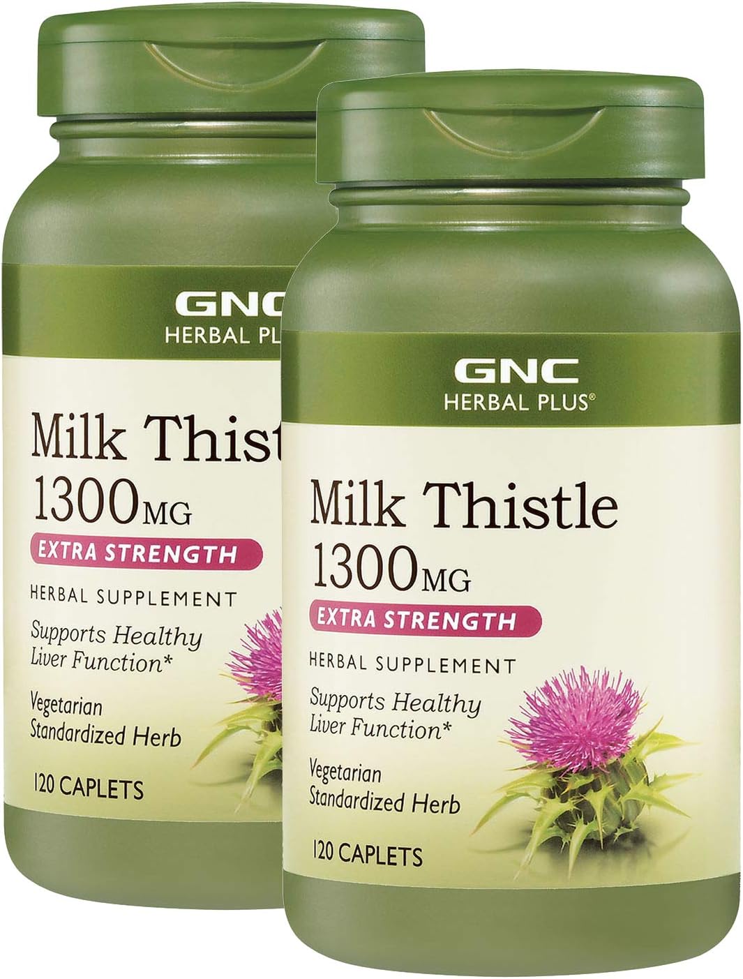 Twin Pack GNC Herbal Plus Milk Thistle Caplets - 1300mg, 120 per Bottle - Promotes Liver Health