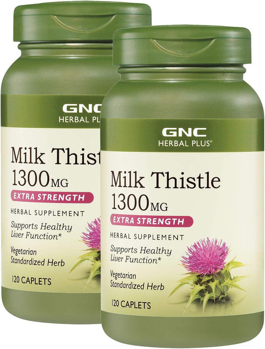 Twin Pack GNC Herbal Plus Milk Thistle Caplets - 1300mg, 120 per Bottle - Promotes Liver Health