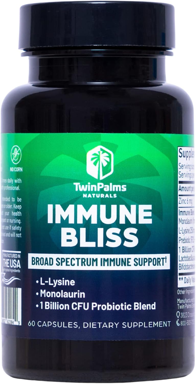 Twin Palms Naturals Immune Support Capsules - Daily Wellness Blend for Seasonal Sickness | L-Lysine Monolaurin Probiotic Prebiotic | Natural Defense | Vegan Non-GMO | 60 Count