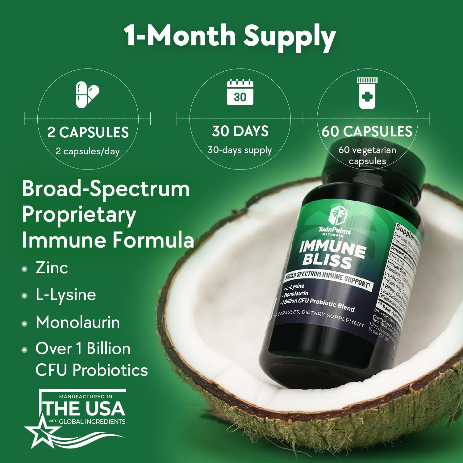 Twin Palms Naturals Immune Support Capsules - Daily Wellness Blend for Seasonal Sickness | L-Lysine Monolaurin Probiotic Prebiotic | Natural Defense | Vegan Non-GMO | 60 Count