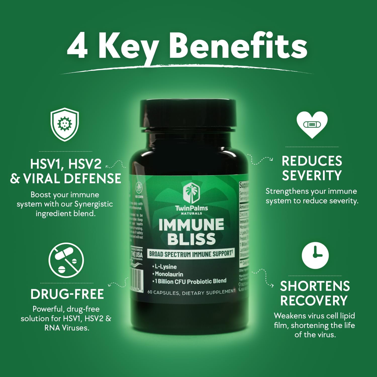 Twin Palms Naturals Immune Support Capsules - Daily Wellness Blend for Seasonal Sickness | L-Lysine Monolaurin Probiotic Prebiotic | Natural Defense | Vegan Non-GMO | 60 Count