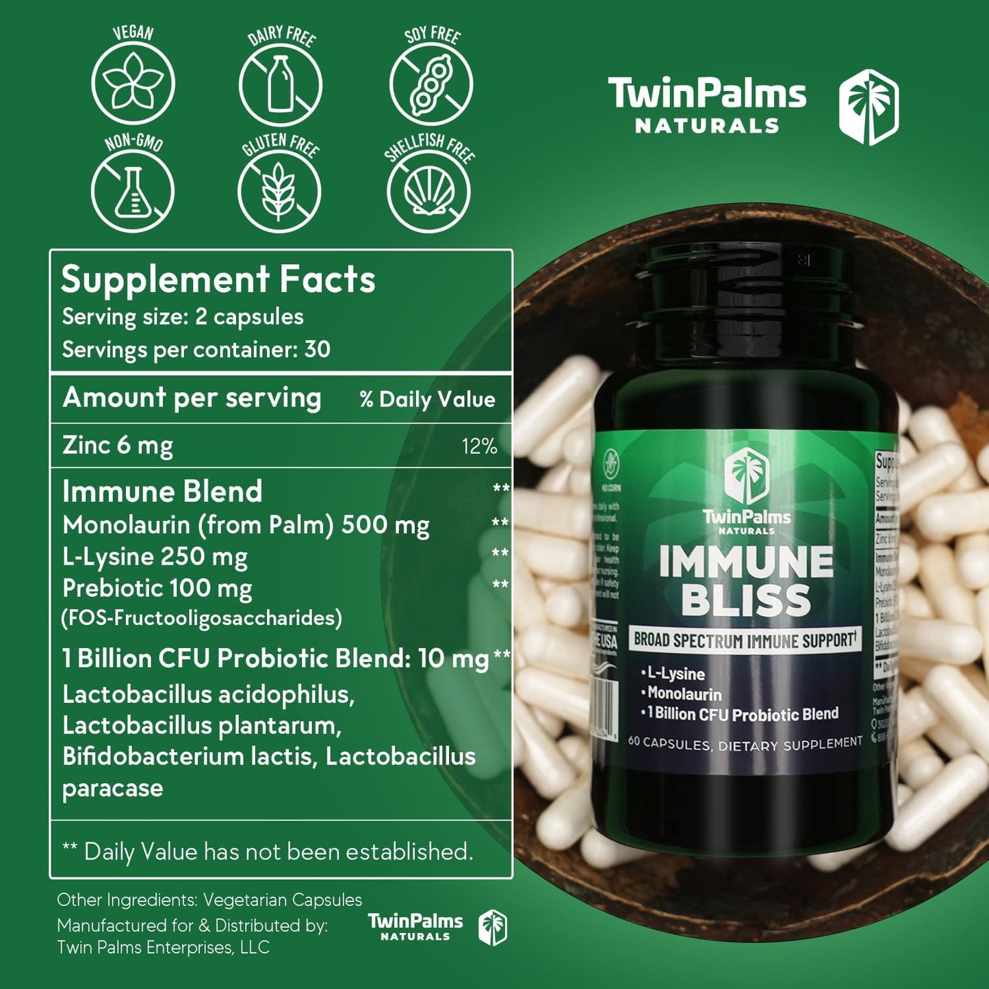 Twin Palms Naturals Immune Support Capsules - Daily Wellness Blend for Seasonal Sickness | L-Lysine Monolaurin Probiotic Prebiotic | Natural Defense | Vegan Non-GMO | 60 Count