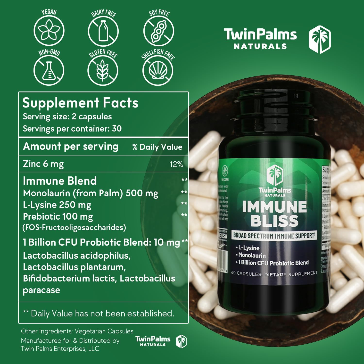 Twin Palms Naturals Immune Support Capsules - Daily Wellness Blend for Seasonal Sickness | L-Lysine Monolaurin Probiotic Prebiotic | Natural Defense | Vegan Non-GMO | 60 Count