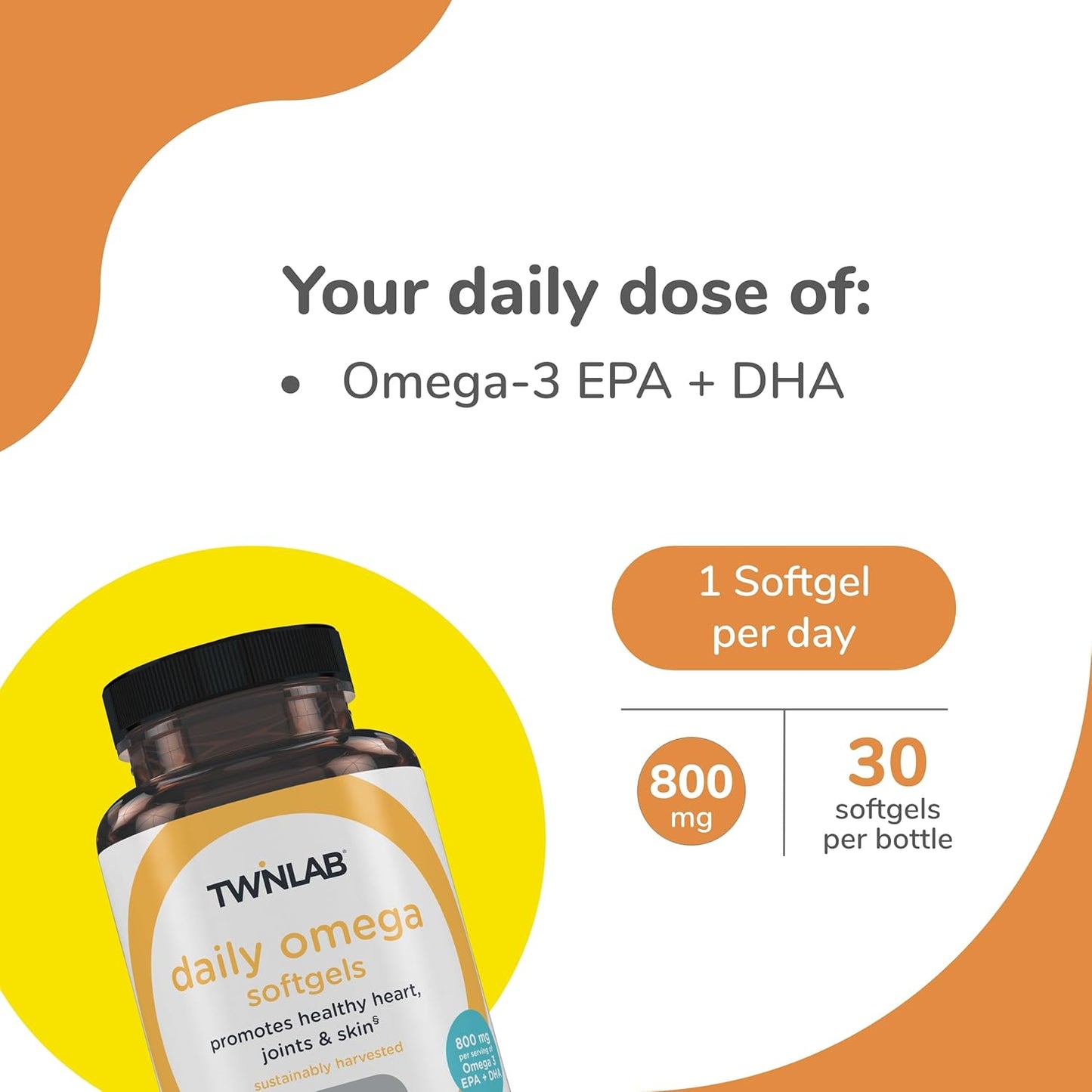 Twinlab Daily Omega Softgels - 800 mg Fish Oil Supplements for Joint and Brain Health - 30 Softgels