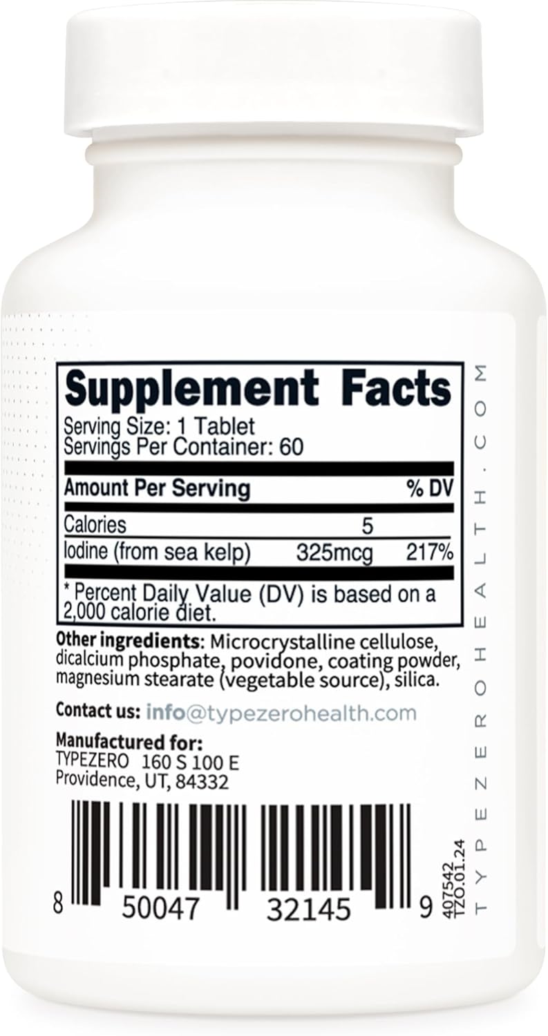 Type Zero Clean Kelp Tablets - Natural Source of Iodine (60 Servings, 325 MCG Each) - Non-GMO & Gluten Free