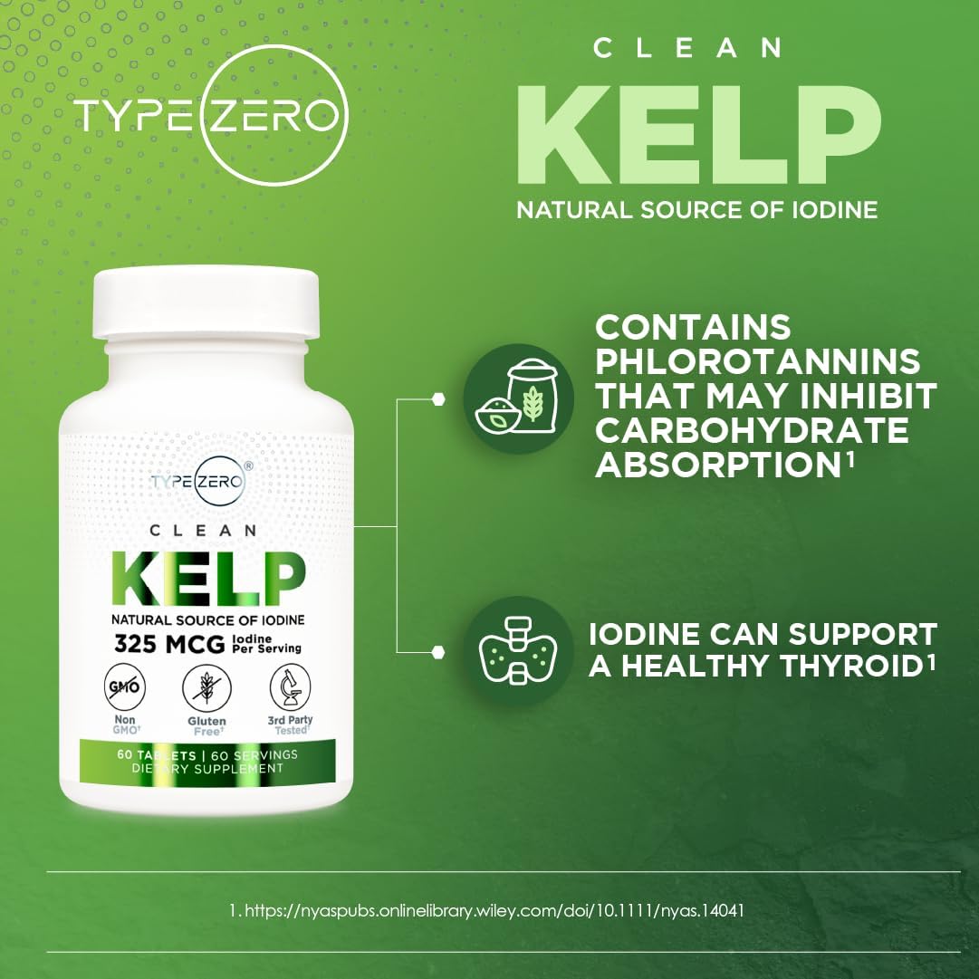 Type Zero Clean Kelp Tablets - Natural Source of Iodine (60 Servings, 325 MCG Each) - Non-GMO & Gluten Free
