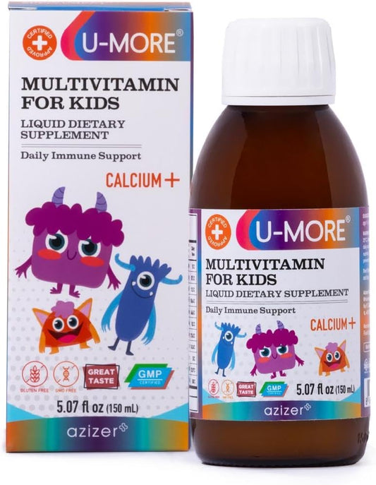 U-MORE Children's Multivitamin Syrup with Calcium, Vitamin C, B3, E, B5, Zinc, B2, B1, B6, A, D - Energy & Immune Support - 5.07 fl oz - Boost Health & Vitality