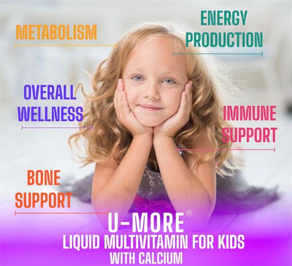 U-MORE Children's Multivitamin Syrup with Calcium, Vitamin C, B3, E, B5, Zinc, B2, B1, B6, A, D - Energy & Immune Support - 5.07 fl oz - Boost Health & Vitality