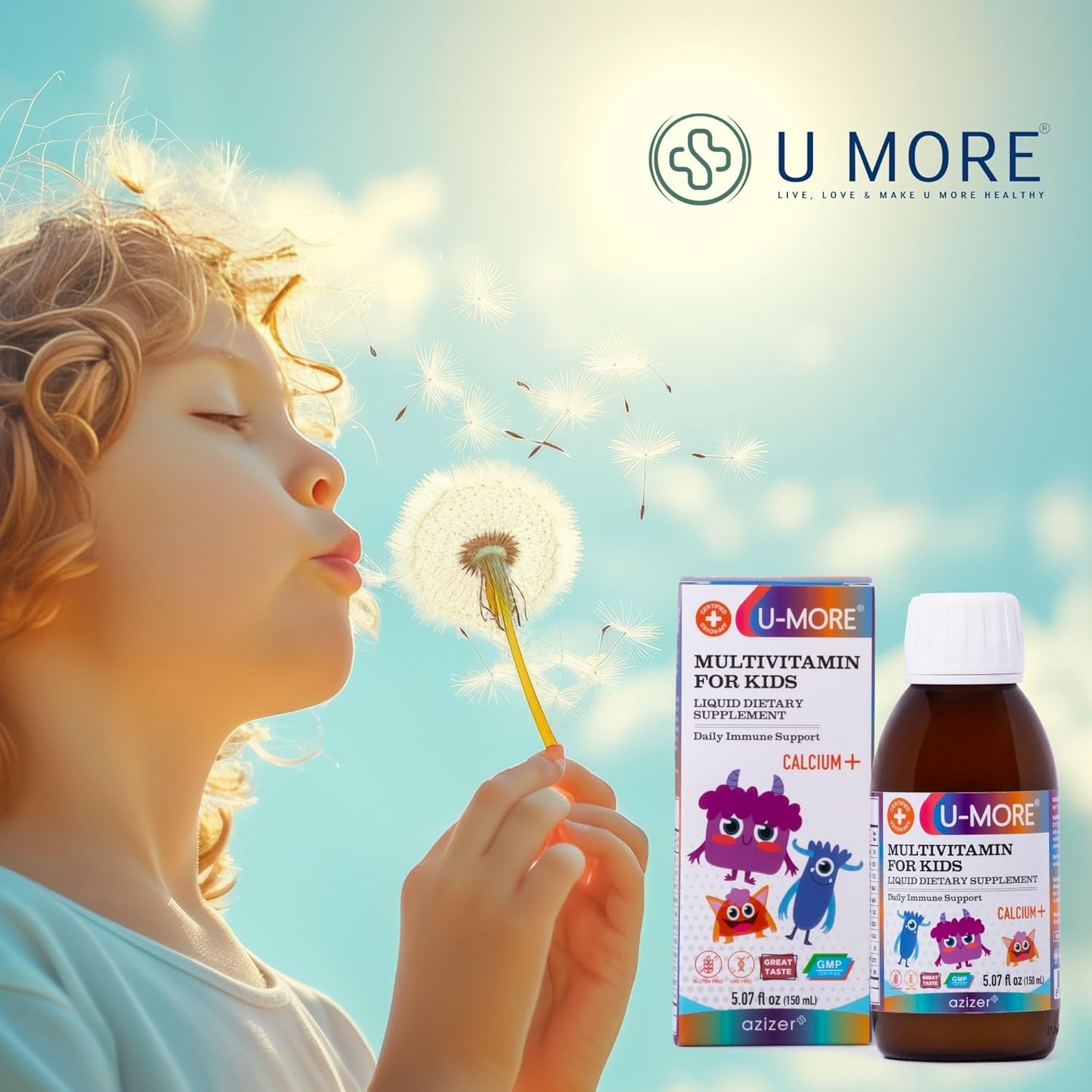 U-MORE Children's Multivitamin Syrup with Calcium, Vitamin C, B3, E, B5, Zinc, B2, B1, B6, A, D - Energy & Immune Support - 5.07 fl oz - Boost Health & Vitality