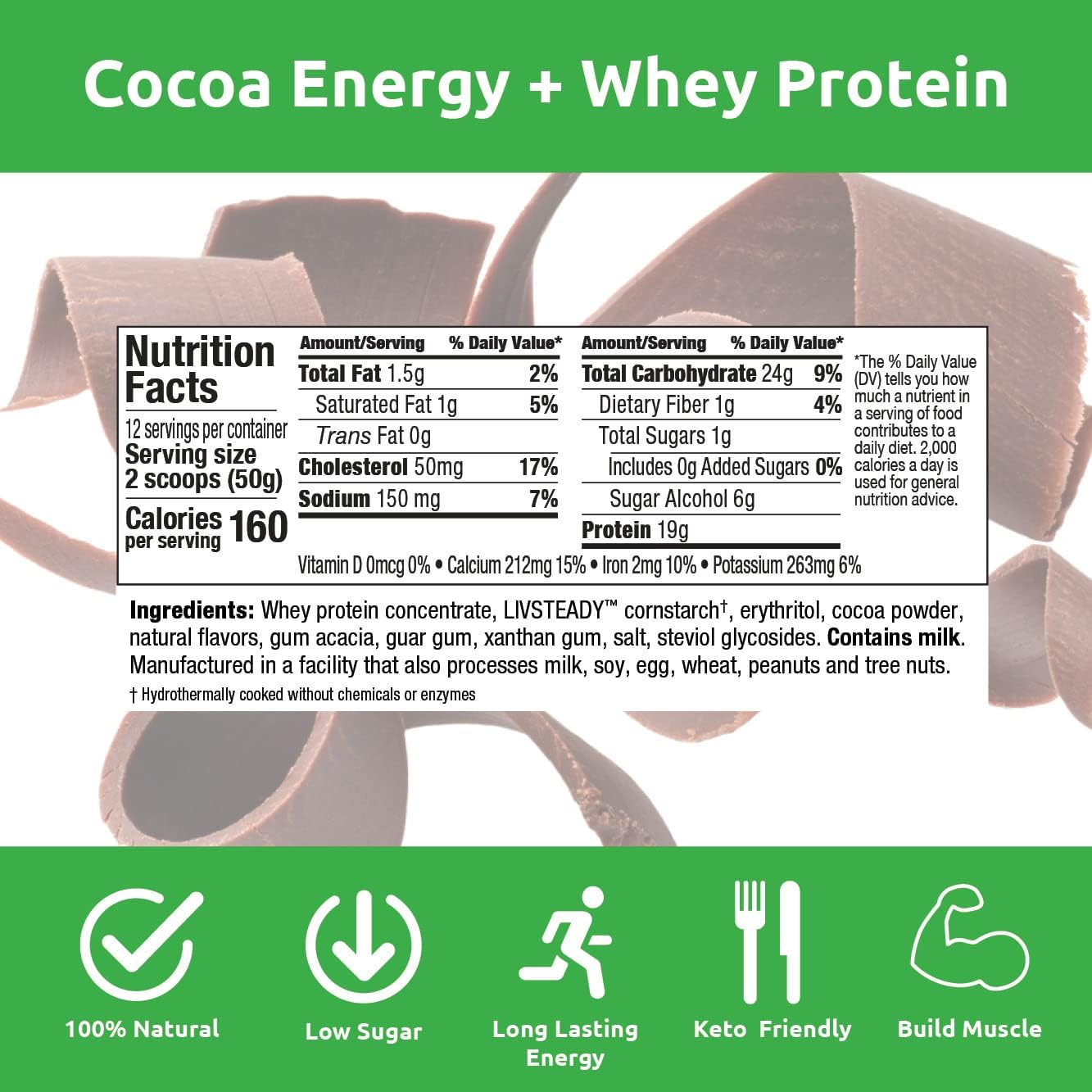 UCAN Energy Whey Protein Powder with 19g Protein per Serving, EAAs & BCAAs, Keto-Friendly, Cocoa Flavor - 12 Servings