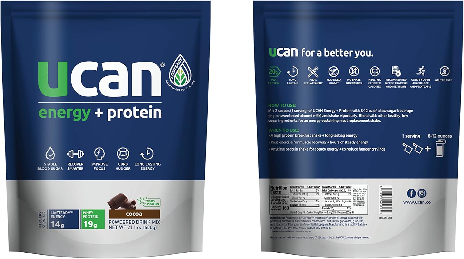 UCAN Energy Whey Protein Powder with 19g Protein per Serving, EAAs & BCAAs, Keto-Friendly, Cocoa Flavor - 12 Servings