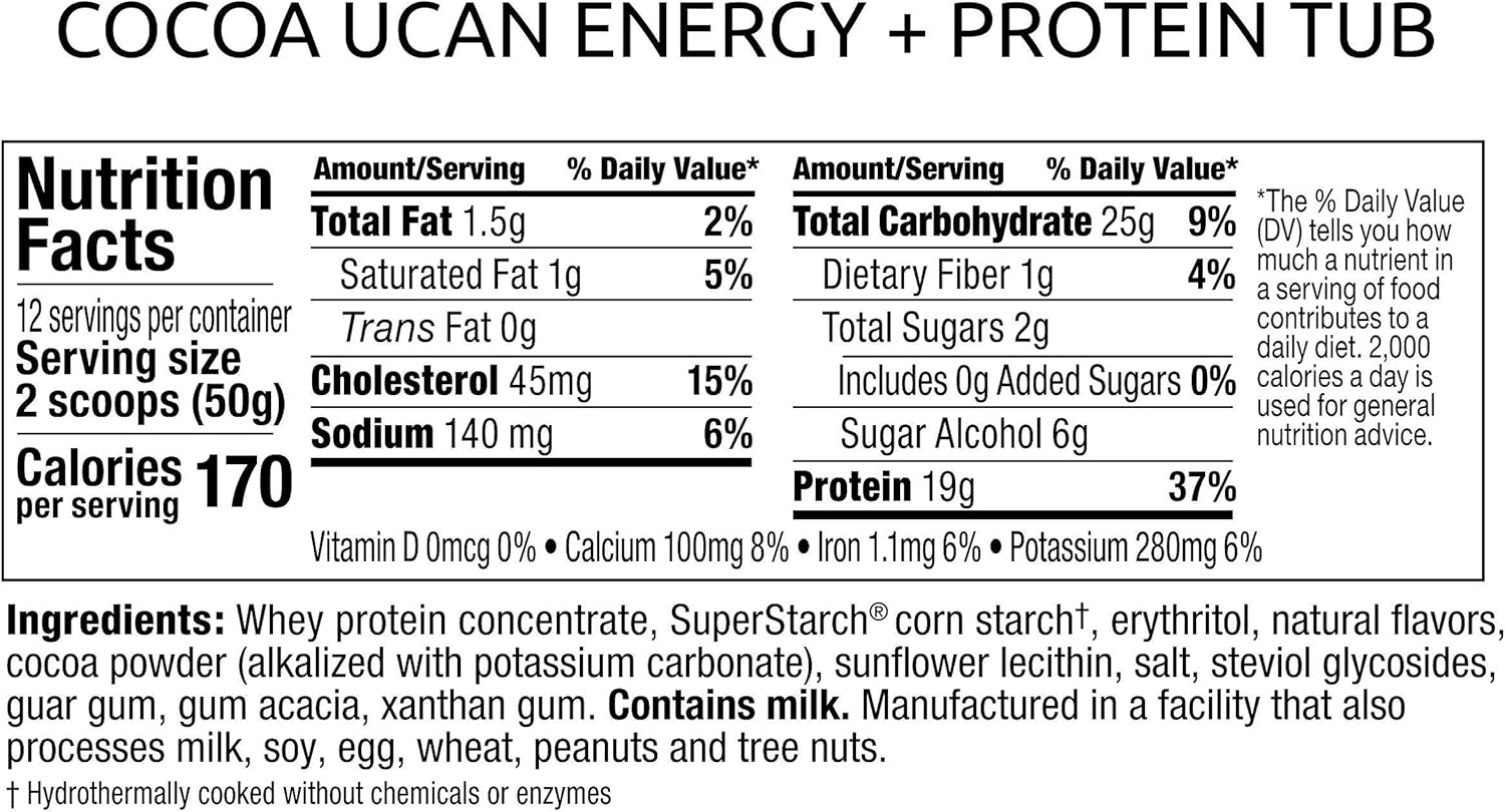 UCAN Energy Whey Protein Powder with 19g Protein per Serving, EAAs & BCAAs, Keto-Friendly, Cocoa Flavor - 12 Servings
