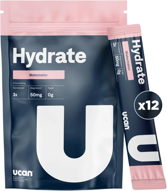 UCAN Hydrate Watermelon Electrolyte Drink Mix - 12 Stickpacks, Sugar-Free, Keto, Vegan, Non-GMO, Gluten-Free - Potassium & Magnesium for Runners