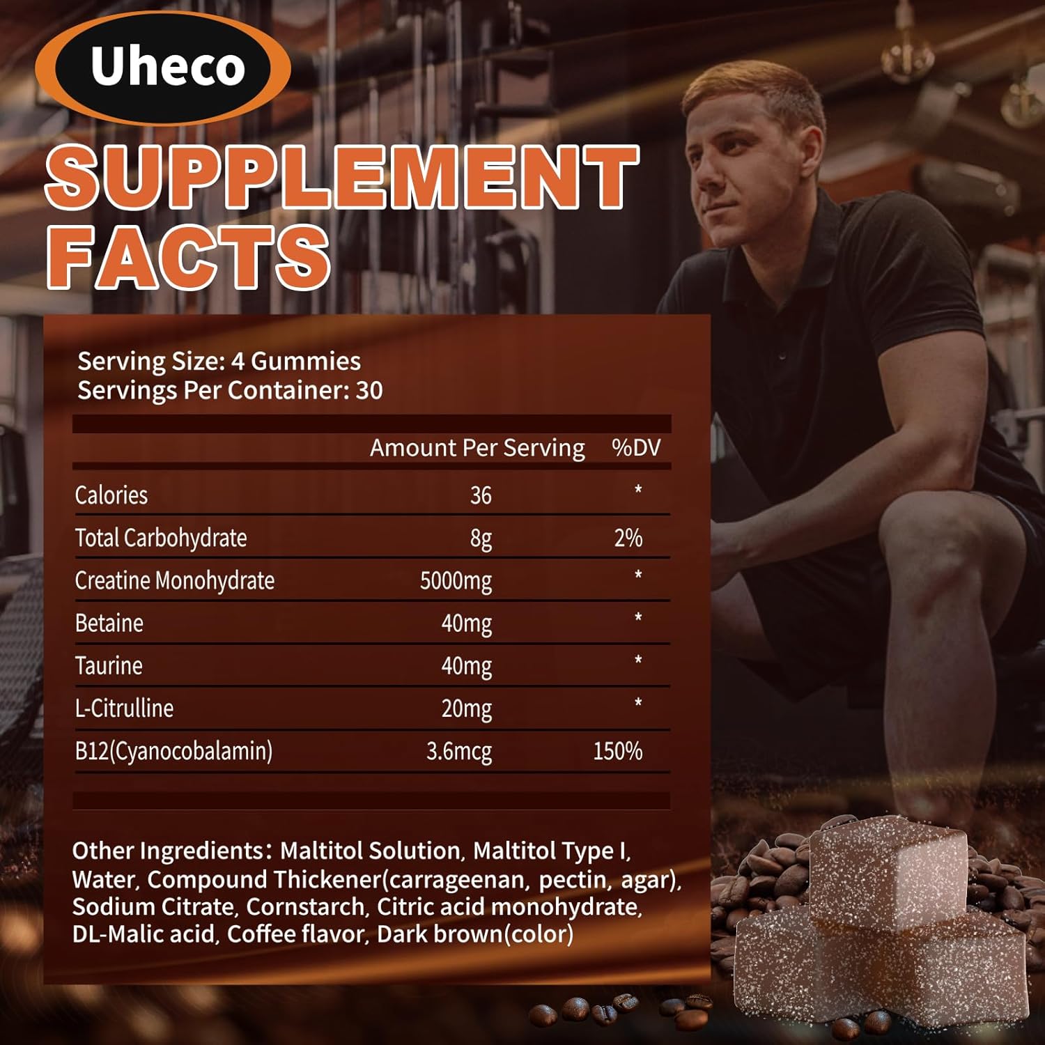 Uheco Coffee Flavor Creatine Gummies 5000mg with L-Taurine, Vitamin B12, Betaine, L-Citrulline - Muscle Strength and Endurance Support for Men and Women - 115 Count