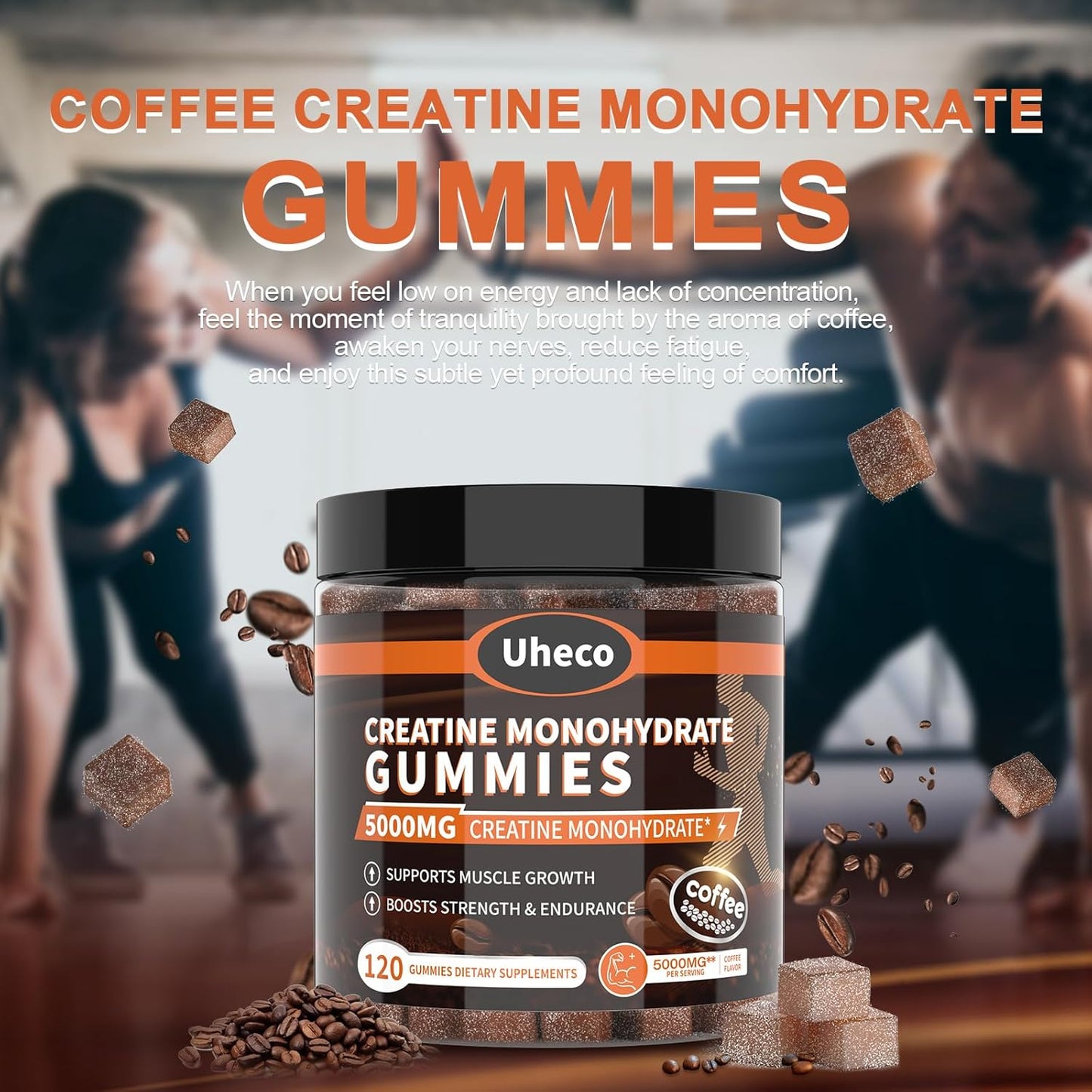 Uheco Coffee Flavor Creatine Gummies 5000mg with L-Taurine, Vitamin B12, Betaine, L-Citrulline - Muscle Strength and Endurance Support for Men and Women - 115 Count