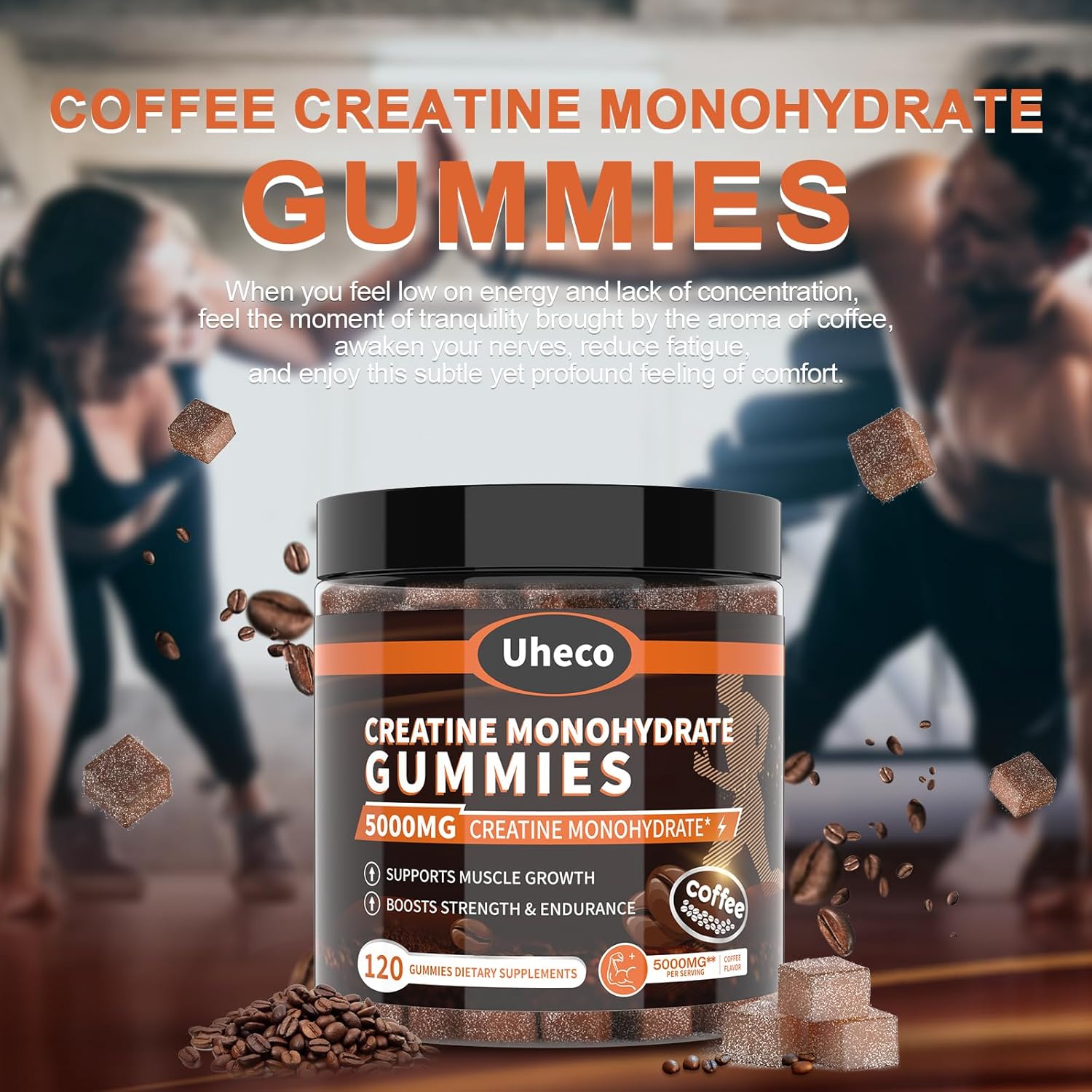 Uheco Coffee Flavor Creatine Gummies 5000mg with L-Taurine, Vitamin B12, Betaine, L-Citrulline - Muscle Strength and Endurance Support for Men and Women - 115 Count