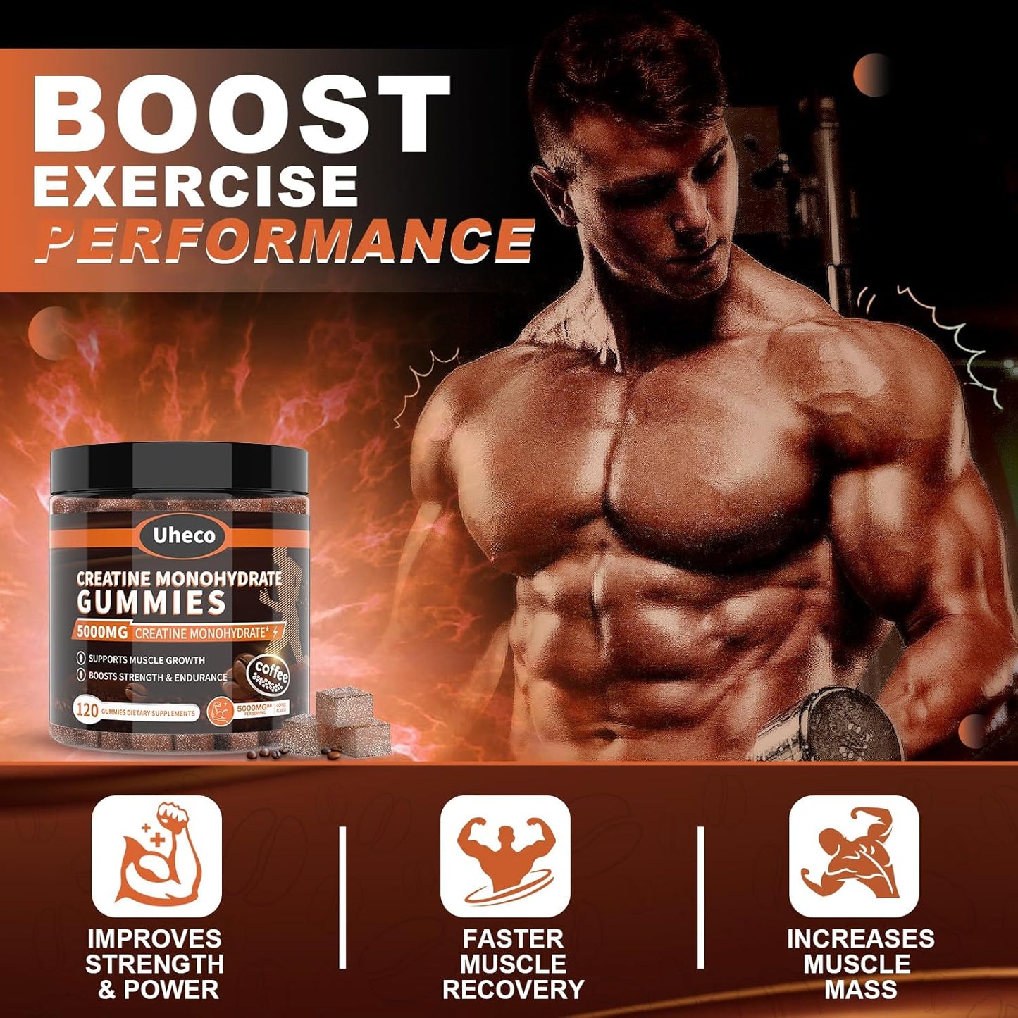 Uheco Coffee Flavor Creatine Gummies 5000mg with L-Taurine, Vitamin B12, Betaine, L-Citrulline - Muscle Strength and Endurance Support for Men and Women - 115 Count
