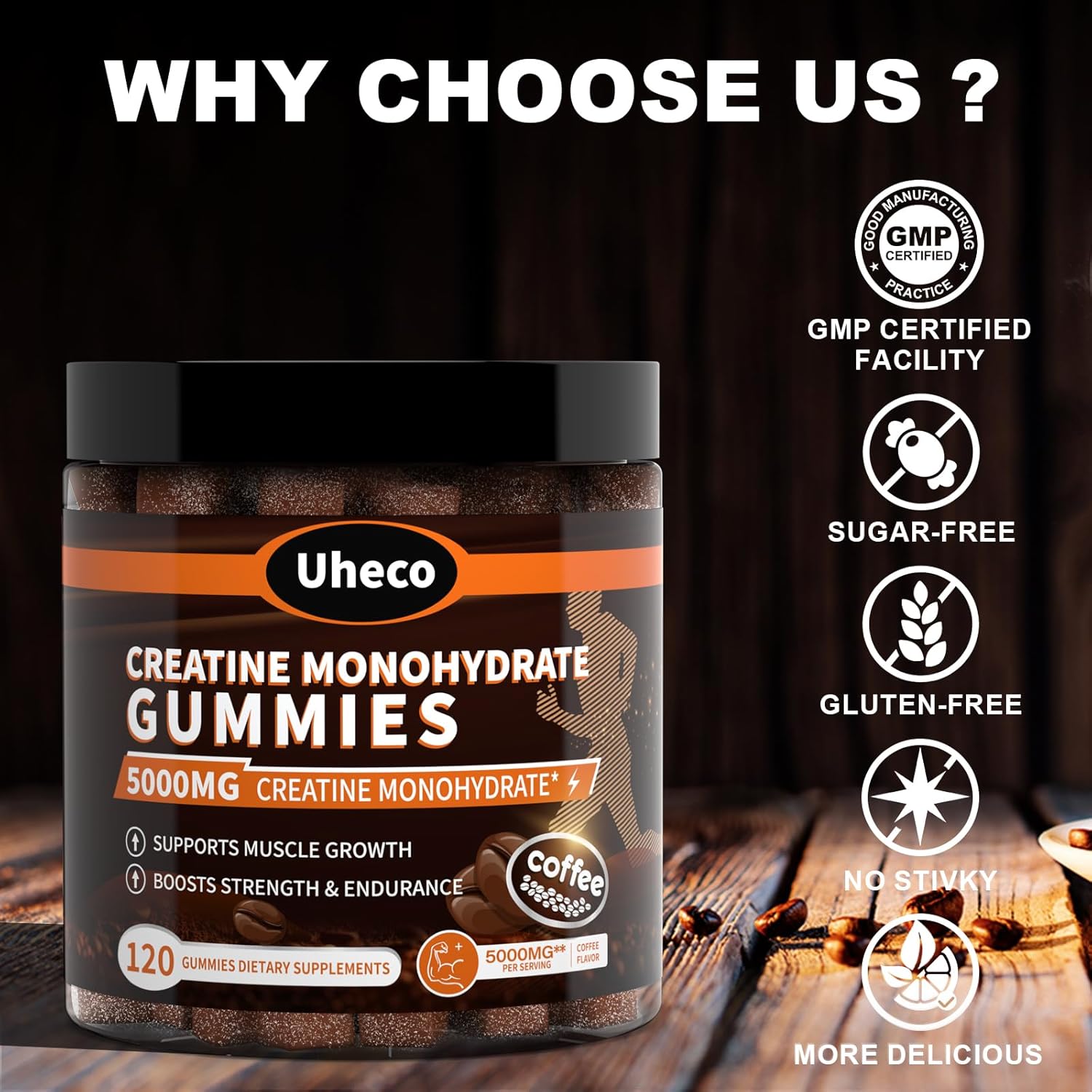 Uheco Coffee Flavor Creatine Gummies 5000mg with L-Taurine, Vitamin B12, Betaine, L-Citrulline - Muscle Strength and Endurance Support for Men and Women - 115 Count