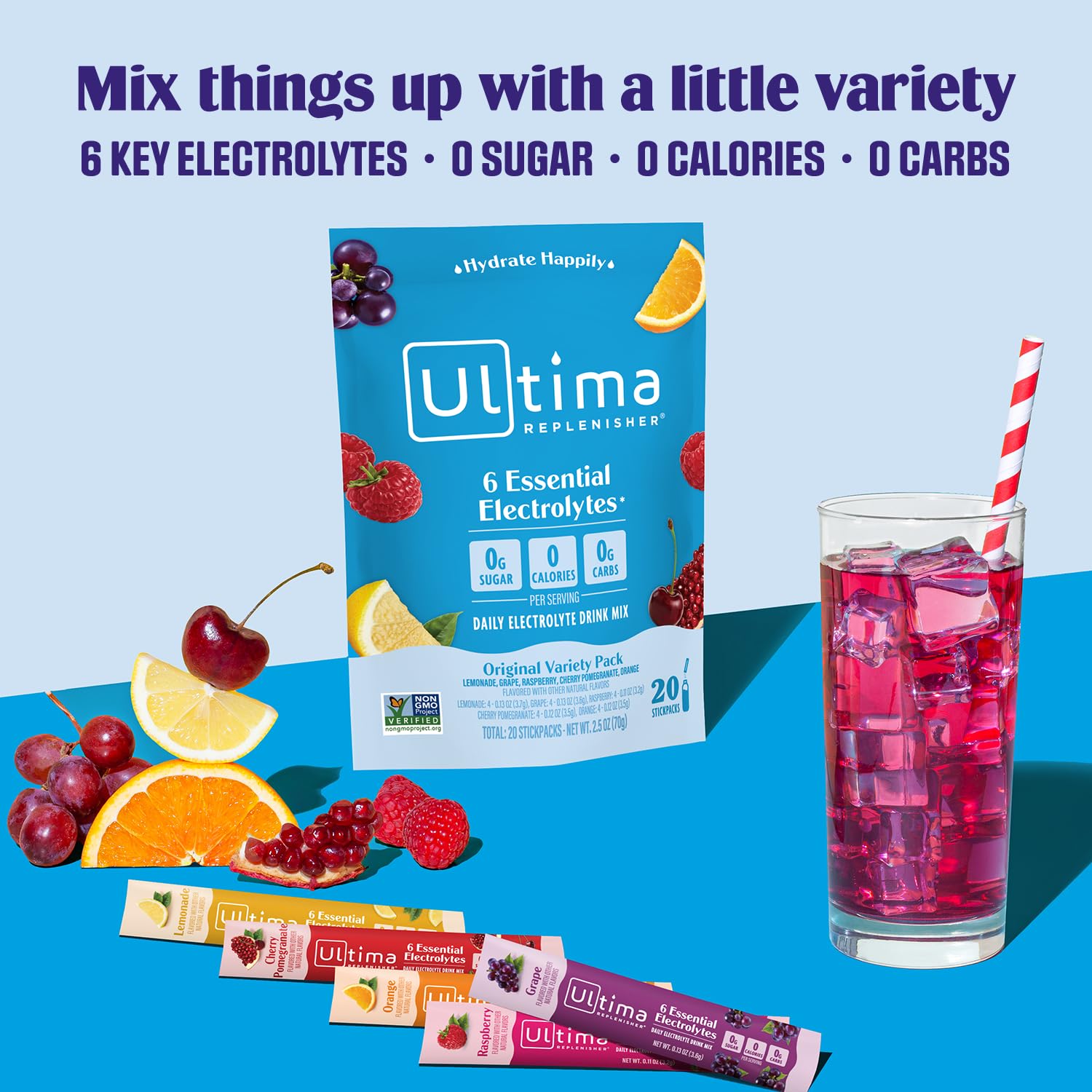 Ultima Replenisher Electrolyte Drink Mix Variety Pack - 20 Stickpacks with 6 Electrolytes, Minerals - Sugar-Free, Vegan, Keto-Friendly