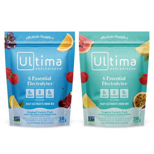 Ultima Replenisher Electrolyte Powder Drink Mix Variety Pack - 20 Stickpacks with 6 Electrolytes and Minerals for Hydration - Keto, Non-GMO, Sugar-Free