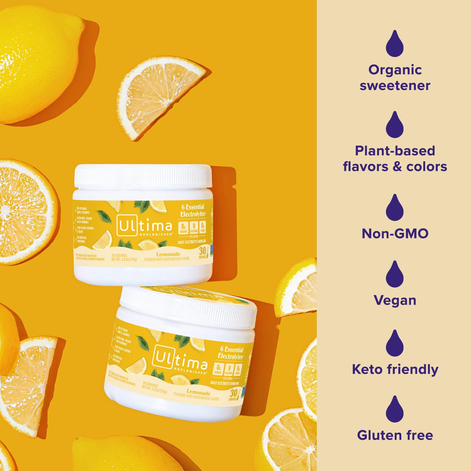 Ultima Replenisher Lemonade Electrolyte Powder Drink Mix - 30 Servings - Hydration Powder with 6 Electrolytes and Trace Minerals - Keto, Vegan, Non-GMO, Sugar-Free
