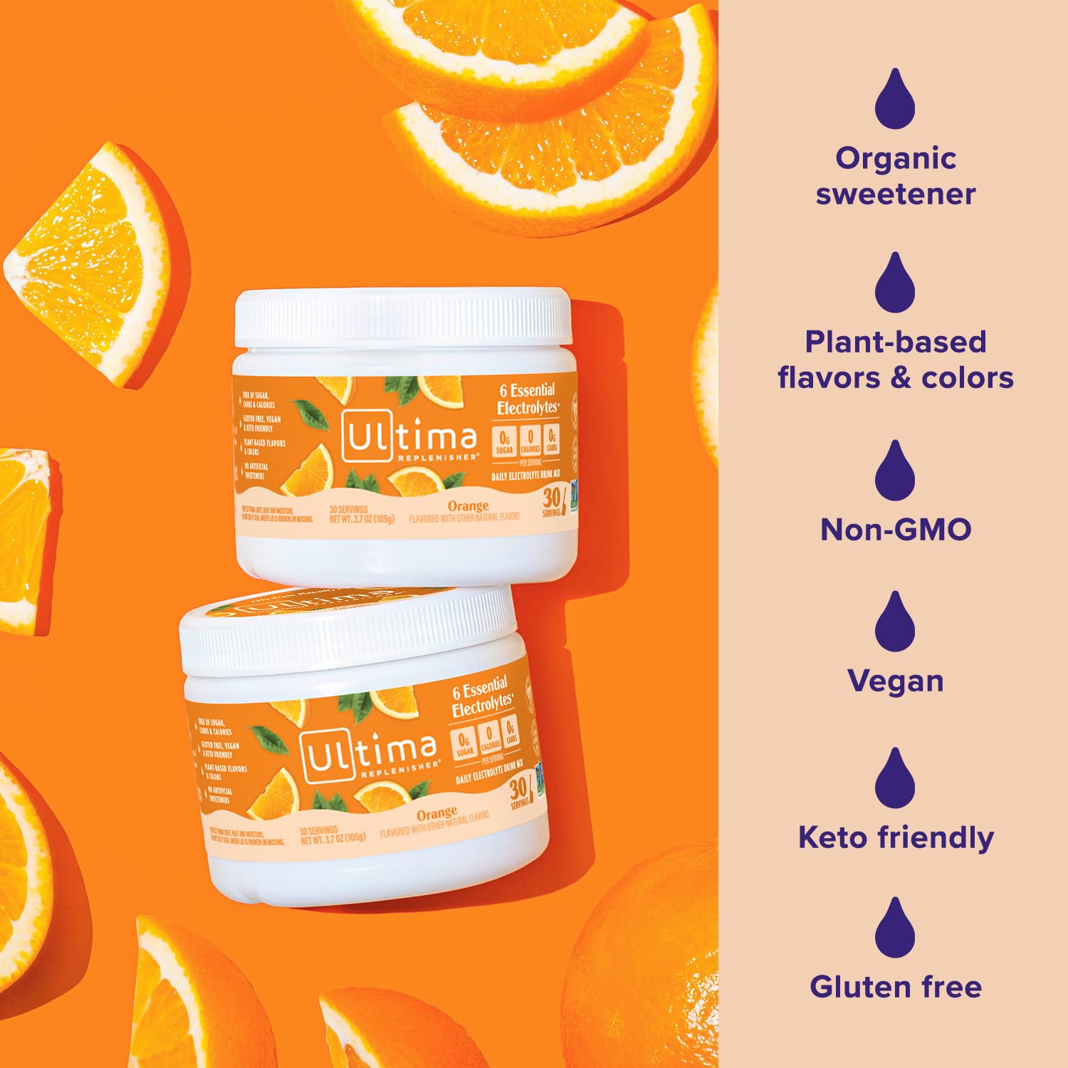Ultima Replenisher Orange Electrolyte Powder Drink Mix - 30 Servings - Hydration with 6 Electrolytes - Keto, Vegan, Non-GMO, Sugar-Free