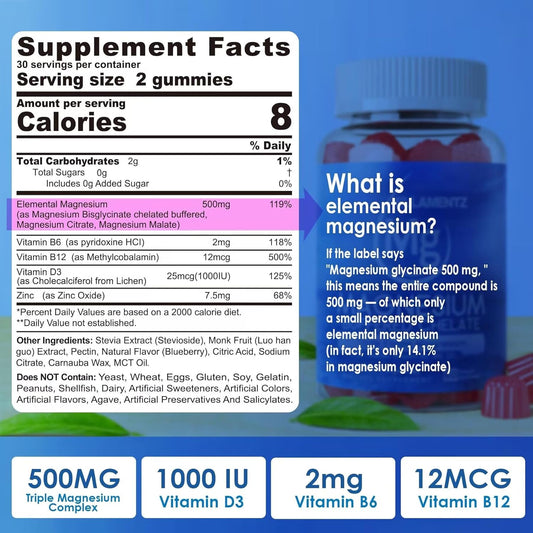 Ultimate Absorption Magnesium Complex Gummies with D3, B6, B12 - 500mg, 2 Pack for Sleep, Migraine Relief, Muscle & Bone Strength