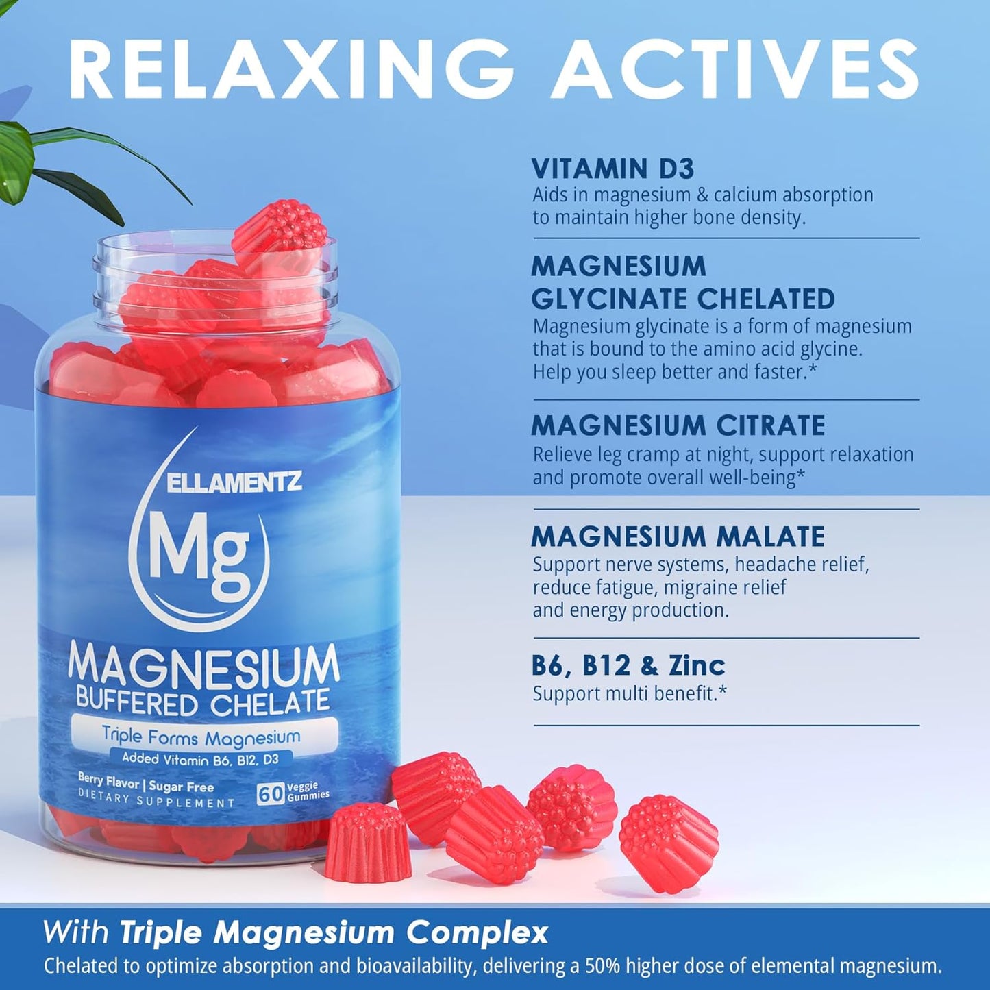 Ultimate Absorption Magnesium Complex Gummies with D3, B6, B12 - 500mg, 2 Pack for Sleep, Migraine Relief, Muscle & Bone Strength