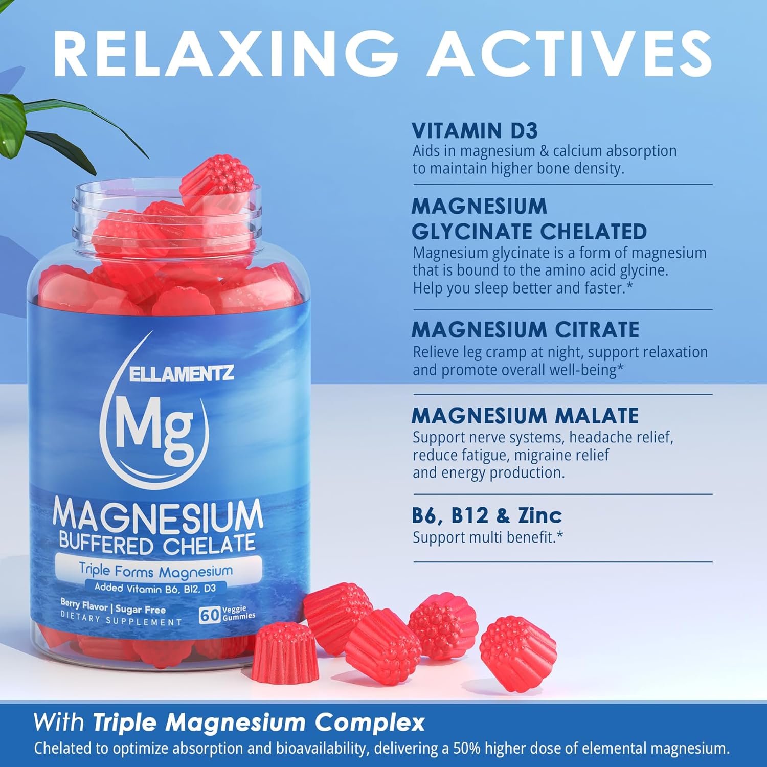 Ultimate Absorption Magnesium Complex Gummies with D3, B6, B12 - 500mg, 2 Pack for Sleep, Migraine Relief, Muscle & Bone Strength