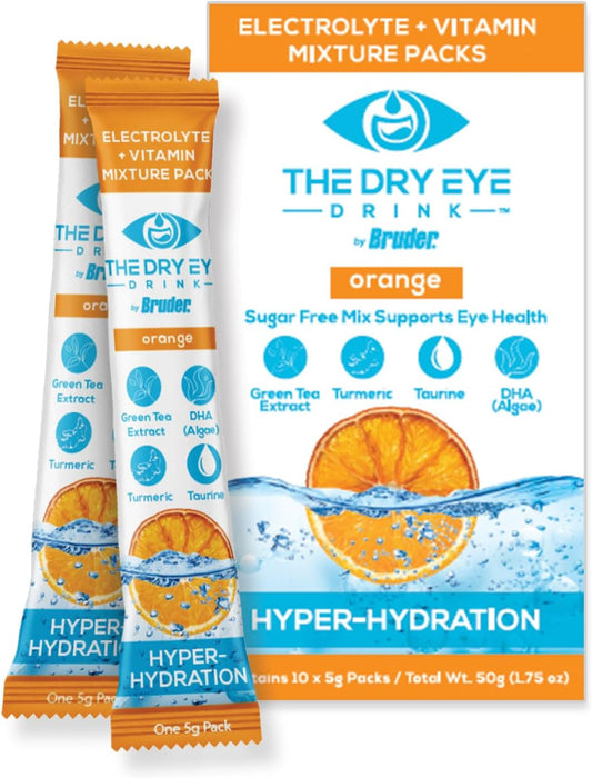 Ultimate Hydration Powder Packets for Dry Eyes - Sugar-Free Electrolyte Blend with Vitamins, Green Tea, Turmeric, Taurine, and DHA - 5g x 10 Packets - Orange Flavor
