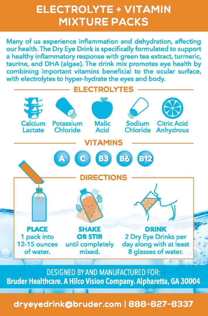 Ultimate Hydration Powder Packets for Dry Eyes - Sugar-Free Electrolyte Blend with Vitamins, Green Tea, Turmeric, Taurine, and DHA - 5g x 10 Packets - Orange Flavor